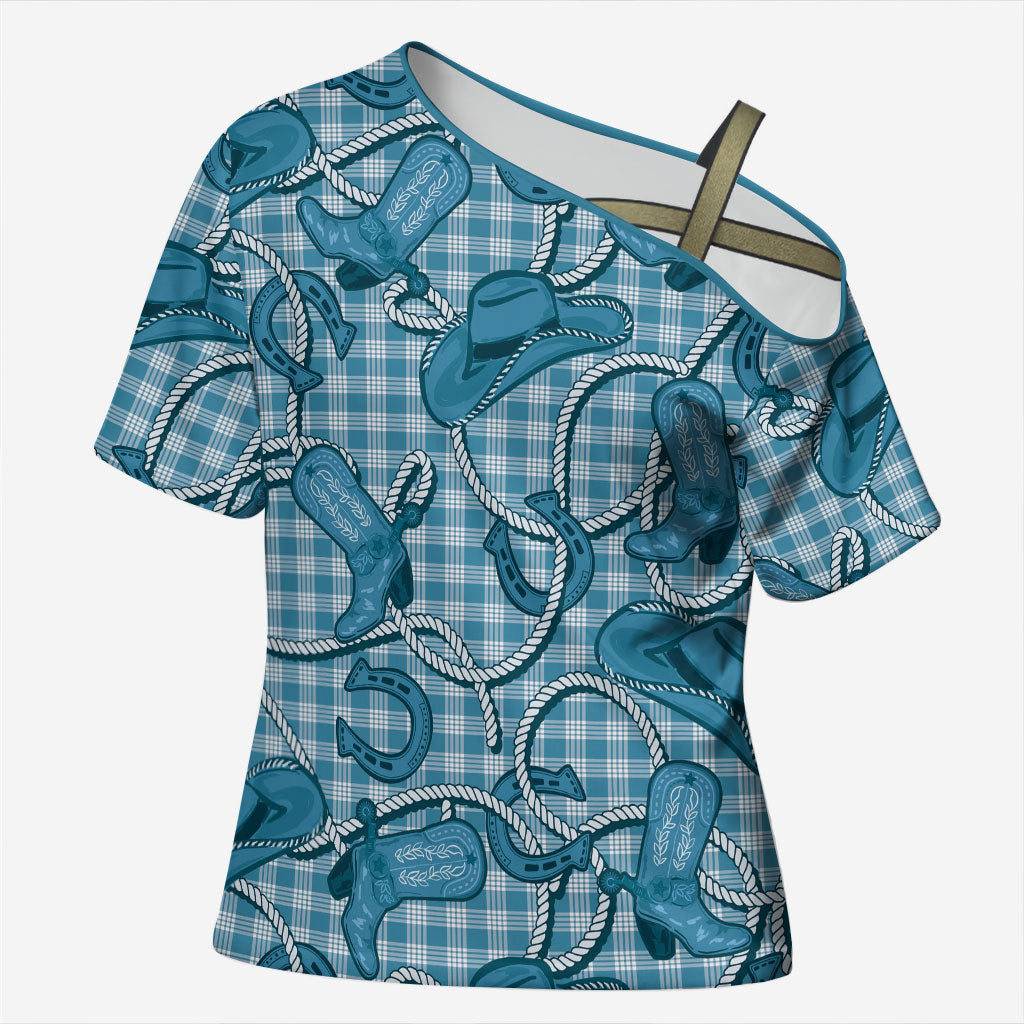 Blue Hawaii Palaka Cowboy Cross Shoulder Shirt Hawaiian Paniolo Festival Spirit