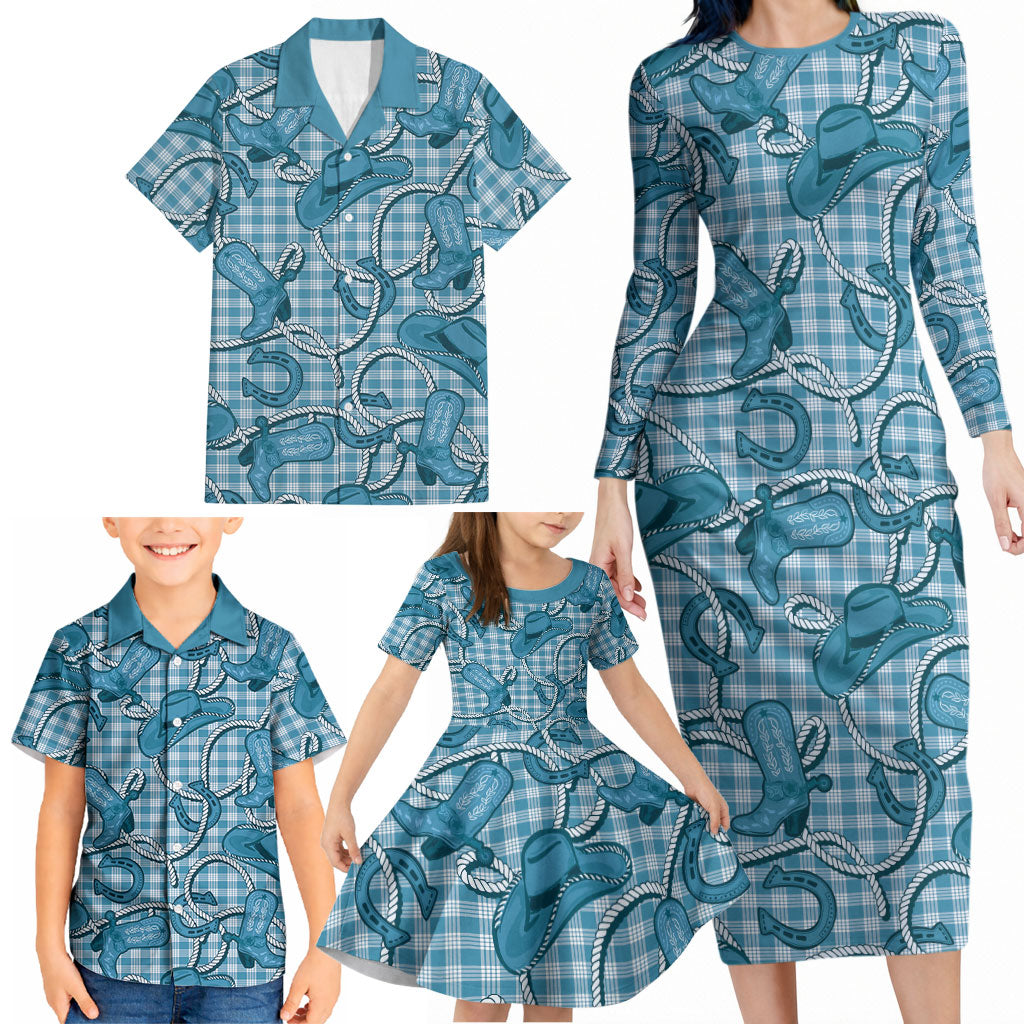 Blue Hawaii Palaka Cowboy Family Matching Long Sleeve Bodycon Dress and Hawaiian Shirt Hawaiian Paniolo Festival Spirit