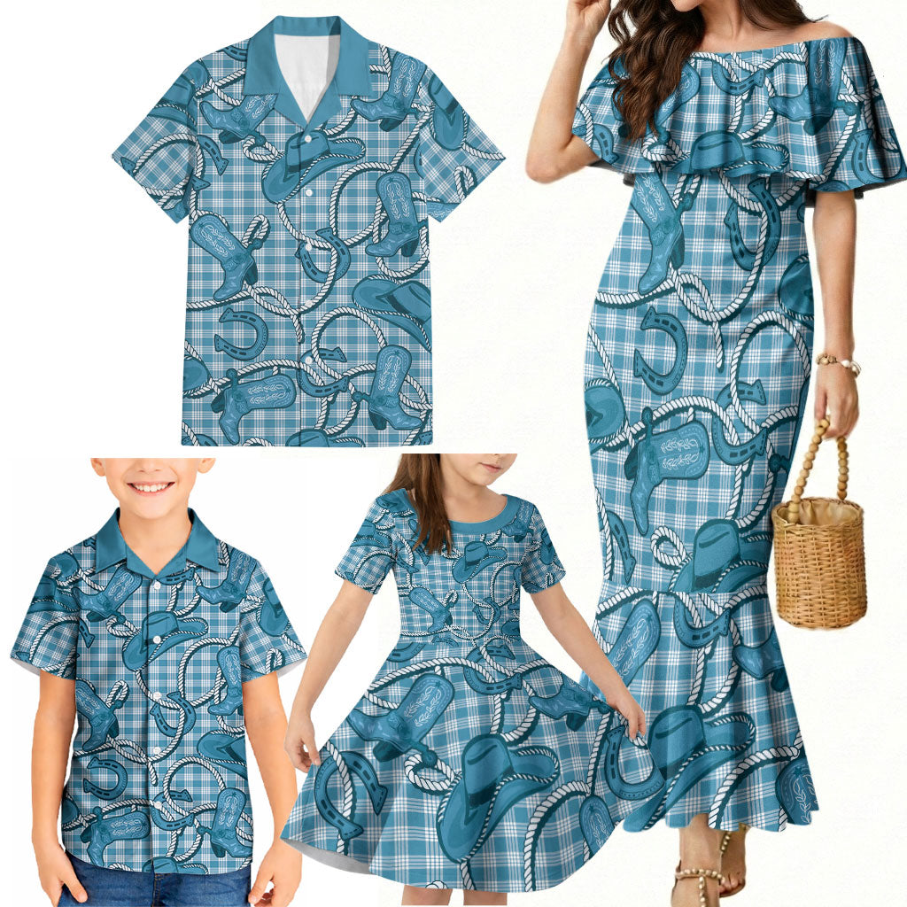 Blue Hawaii Palaka Cowboy Family Matching Mermaid Dress and Hawaiian Shirt Hawaiian Paniolo Festival Spirit