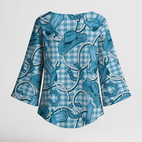 Blue Hawaii Palaka Cowboy Kimono Sleeve Blouse Hawaiian Paniolo Festival Spirit LT19 - Polynesian Pride