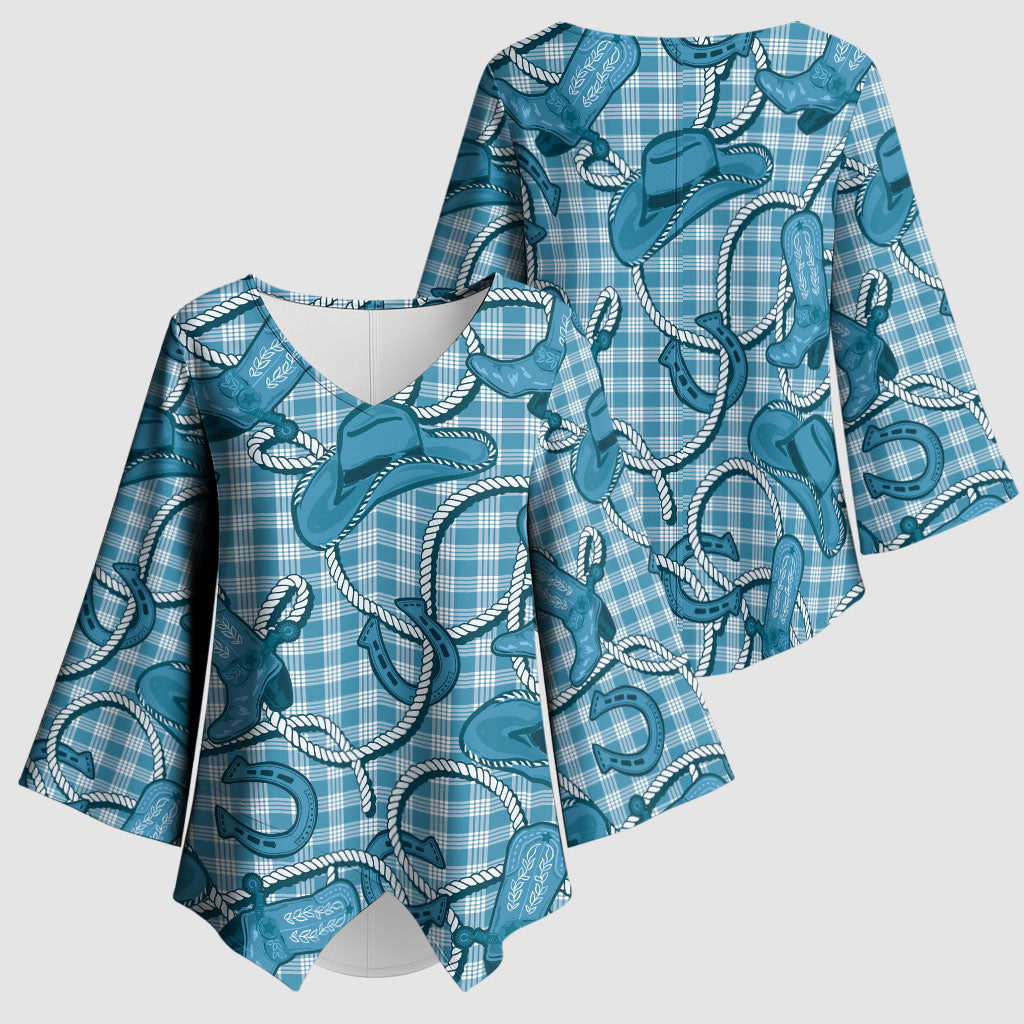 Blue Hawaii Palaka Cowboy Kimono Sleeve Blouse Hawaiian Paniolo Festival Spirit LT19 - Polynesian Pride