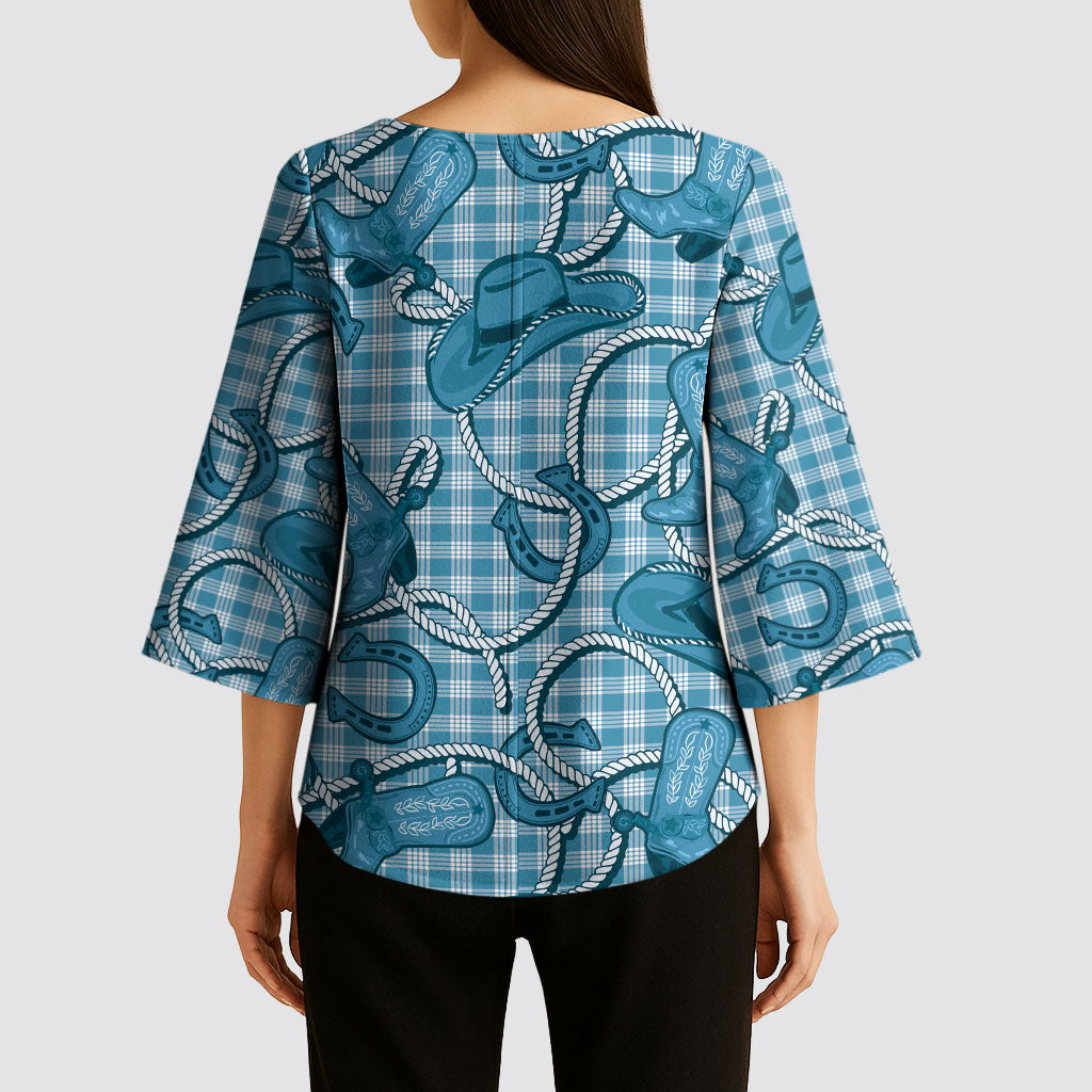 Blue Hawaii Palaka Cowboy Kimono Sleeve Blouse Hawaiian Paniolo Festival Spirit LT19 - Polynesian Pride