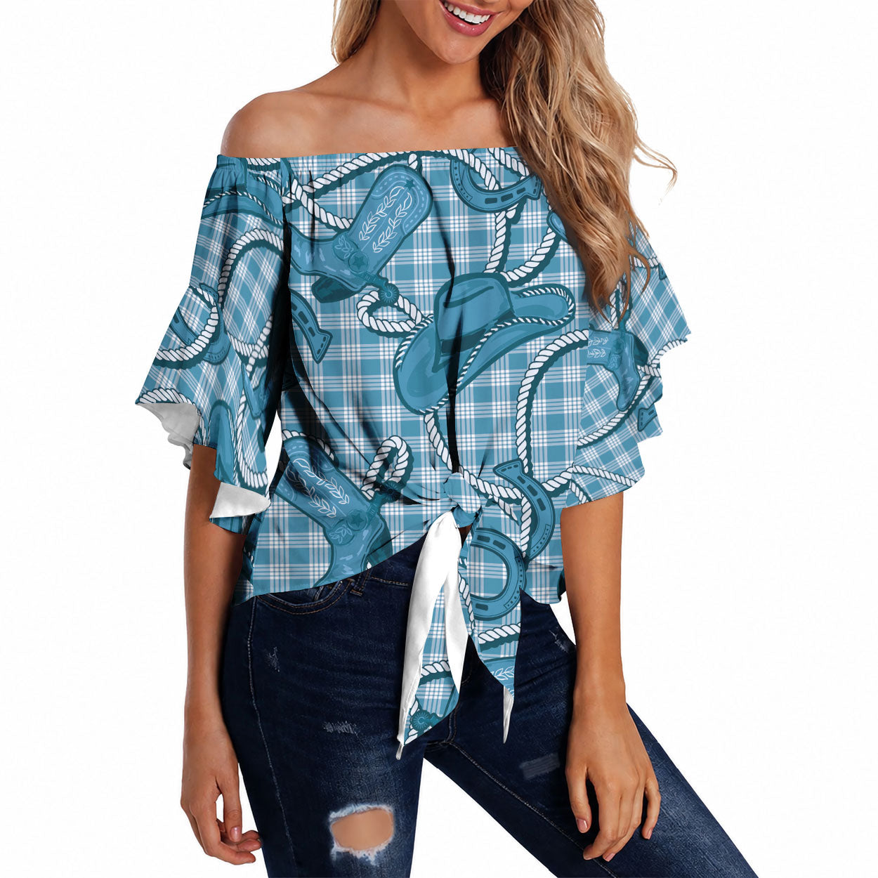 Blue Hawaii Palaka Cowboy Off Shoulder Wrap Waist Top Hawaiian Paniolo Festival Spirit LT19 Blue - Polynesian Pride