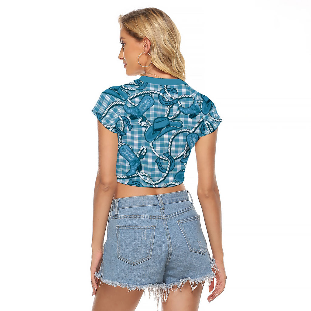 Blue Hawaii Palaka Cowboy Raglan Cropped T Shirt Hawaiian Paniolo Festival Spirit LT19 - Polynesian Pride