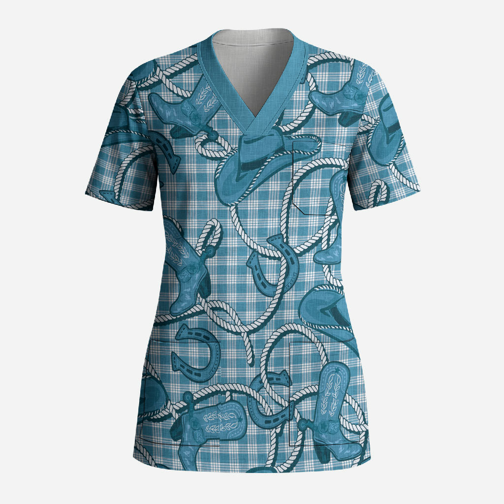 Blue Hawaii Palaka Cowboy Scrub Top Hawaiian Paniolo Festival Spirit LT19 Adult Blue - Polynesian Pride