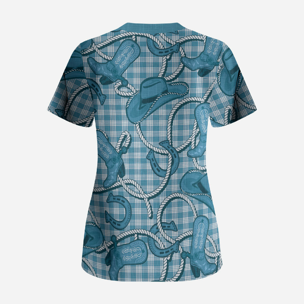 Blue Hawaii Palaka Cowboy Scrub Top Hawaiian Paniolo Festival Spirit LT19 - Polynesian Pride
