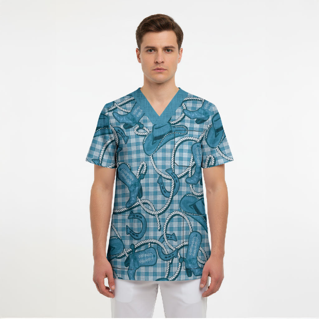 Blue Hawaii Palaka Cowboy Scrub Top Hawaiian Paniolo Festival Spirit LT19 - Polynesian Pride