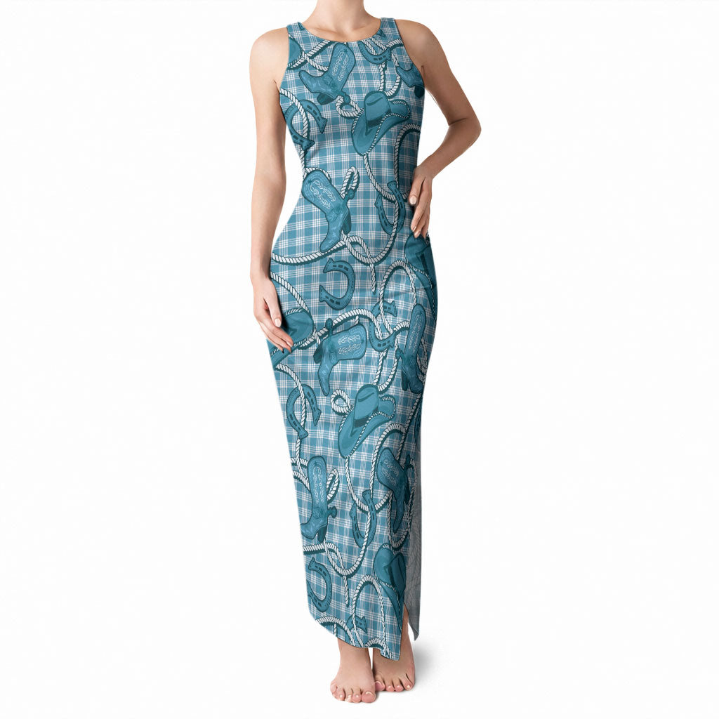 Blue Hawaii Palaka Cowboy Tank Maxi Dress Hawaiian Paniolo Festival Spirit LT19 Women Blue - Polynesian Pride