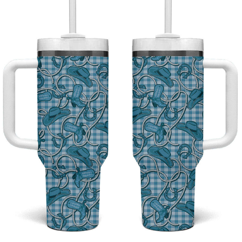 Blue Hawaii Palaka Cowboy Tumbler With Handle Hawaiian Paniolo Festival Spirit
