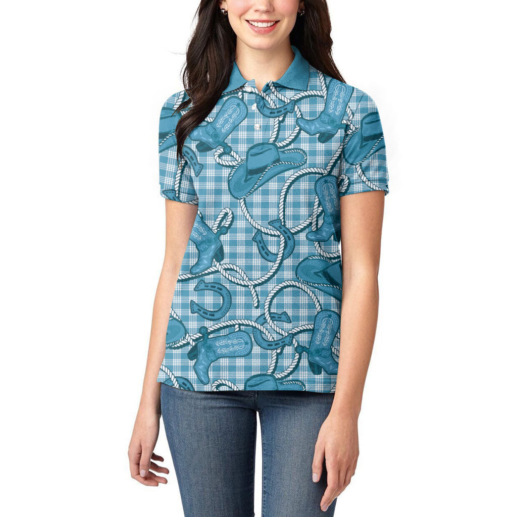 Blue Hawaii Palaka Cowboy Women Polo Shirt Hawaiian Paniolo Festival Spirit LT19 - Polynesian Pride