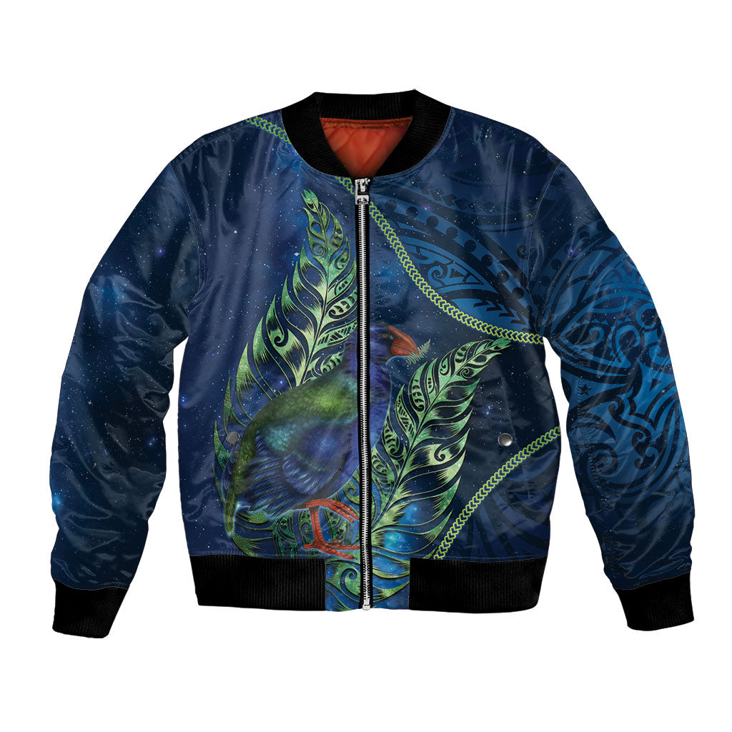 New Zealand Takahe Personalised Bomber Jacket Silver Fern Galaxy Polynesian Pattern