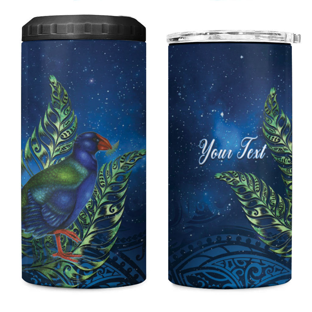 New Zealand Takahe Personalised 4 in 1 Can Cooler Tumbler Silver Fern Galaxy Polynesian Pattern