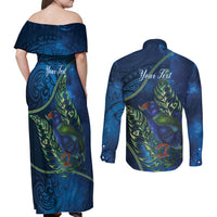 New Zealand Takahe Personalised Couples Matching Off Shoulder Maxi Dress and Long Sleeve Button Shirt Silver Fern Galaxy Polynesian Pattern