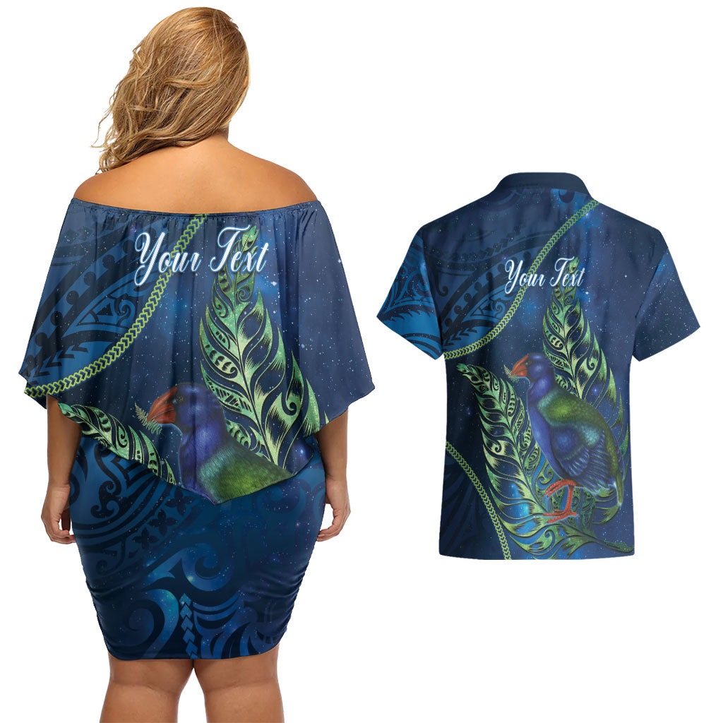 New Zealand Takahe Personalised Couples Matching Off Shoulder Short Dress and Hawaiian Shirt Silver Fern Galaxy Polynesian Pattern