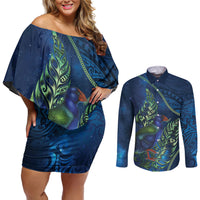 New Zealand Takahe Personalised Couples Matching Off Shoulder Short Dress and Long Sleeve Button Shirt Silver Fern Galaxy Polynesian Pattern
