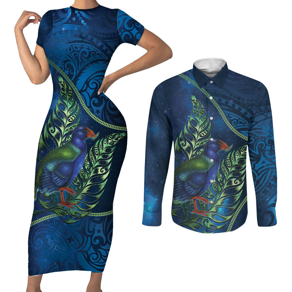 New Zealand Takahe Personalised Couples Matching Short Sleeve Bodycon Dress and Long Sleeve Button Shirt Silver Fern Galaxy Polynesian Pattern