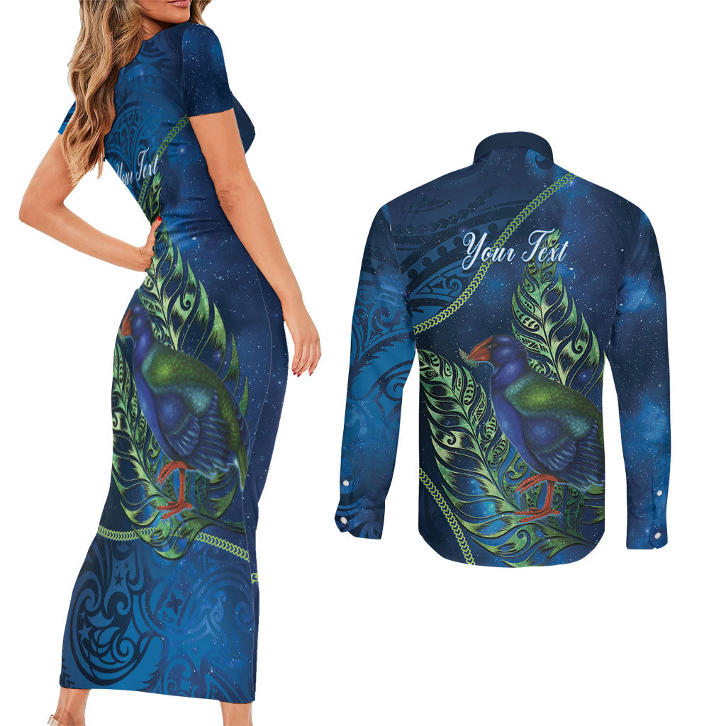 New Zealand Takahe Personalised Couples Matching Short Sleeve Bodycon Dress and Long Sleeve Button Shirt Silver Fern Galaxy Polynesian Pattern