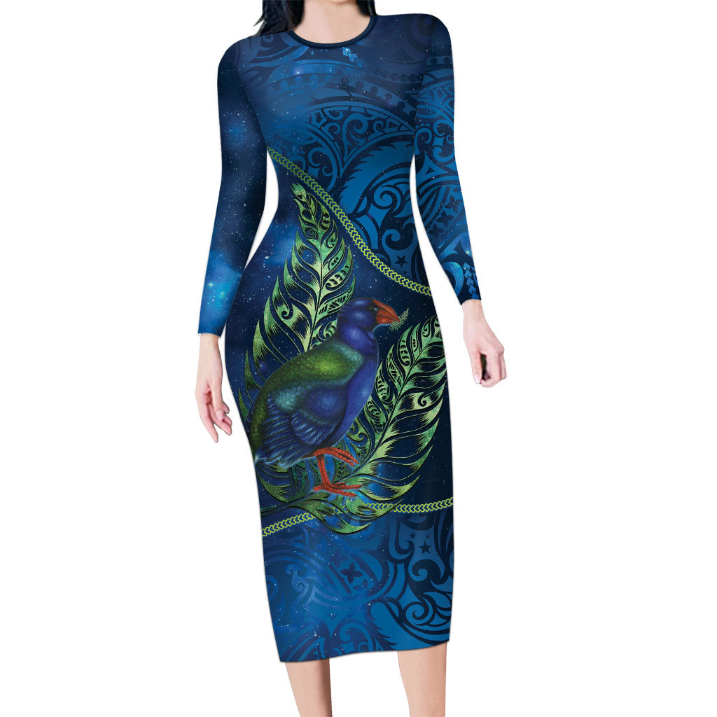 New Zealand Takahe Personalised Family Matching Long Sleeve Bodycon Dress and Hawaiian Shirt Silver Fern Galaxy Polynesian Pattern
