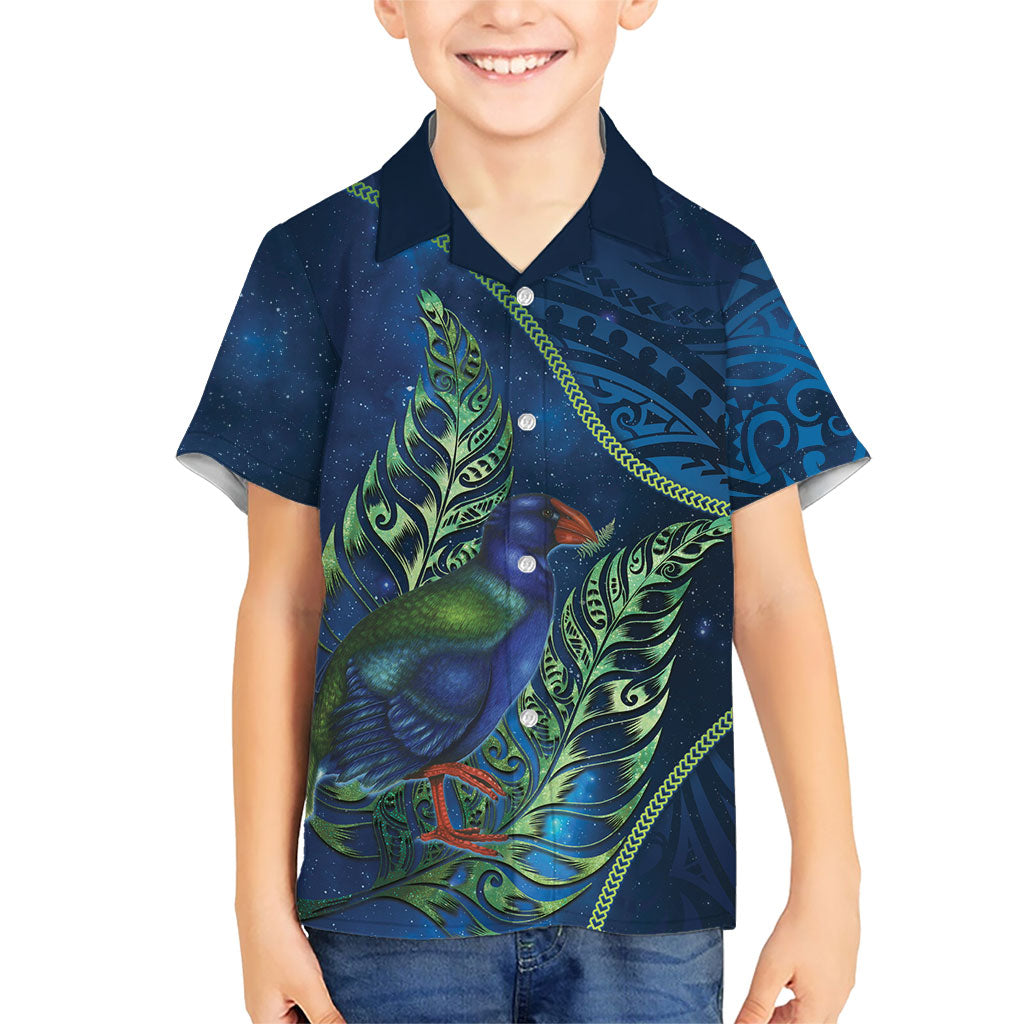New Zealand Takahe Personalised Family Matching Off The Shoulder Long Sleeve Dress and Hawaiian Shirt Silver Fern Galaxy Polynesian Pattern