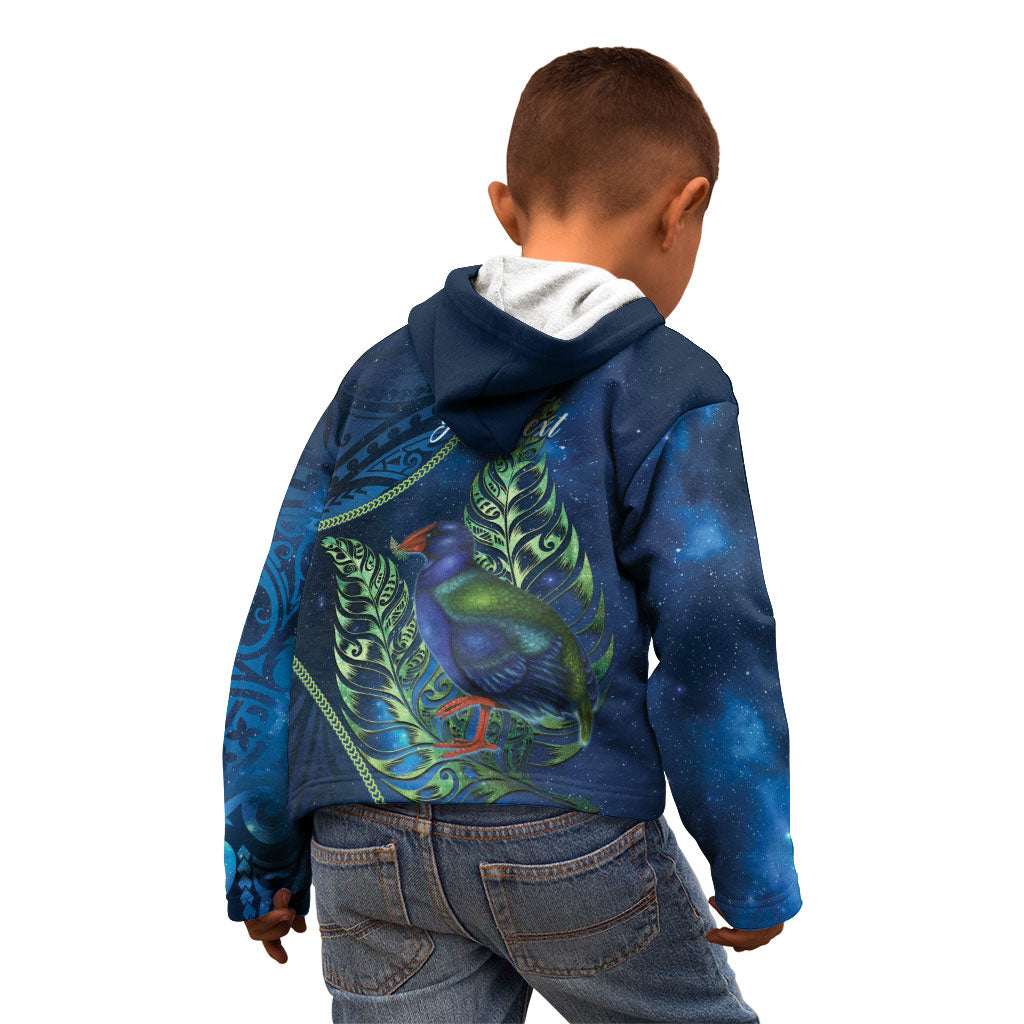 New Zealand Takahe Personalised Kid Hoodie Silver Fern Galaxy Polynesian Pattern