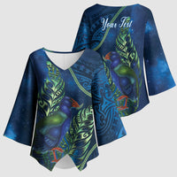 New Zealand Takahe Personalised Kimono Sleeve Blouse Silver Fern Galaxy Polynesian Pattern