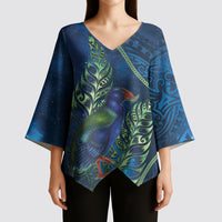 New Zealand Takahe Personalised Kimono Sleeve Blouse Silver Fern Galaxy Polynesian Pattern