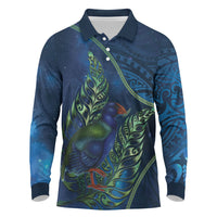 New Zealand Takahe Personalised Long Sleeve Polo Shirt Silver Fern Galaxy Polynesian Pattern