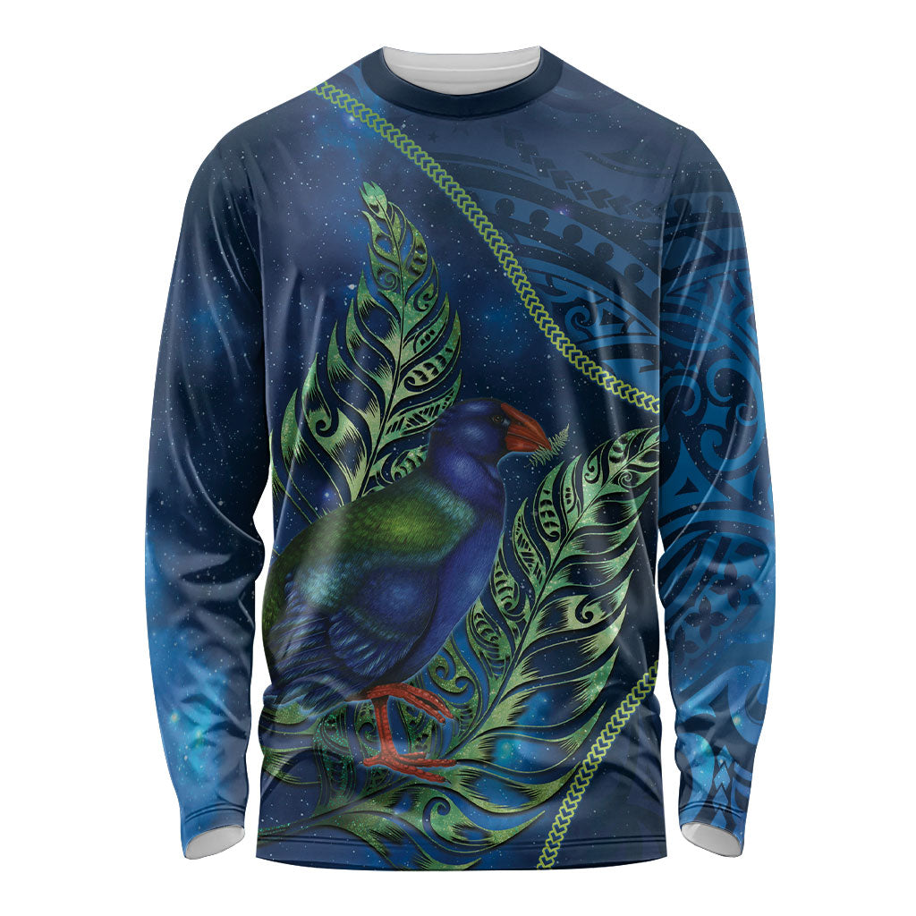 New Zealand Takahe Personalised Long Sleeve Shirt Silver Fern Galaxy Polynesian Pattern