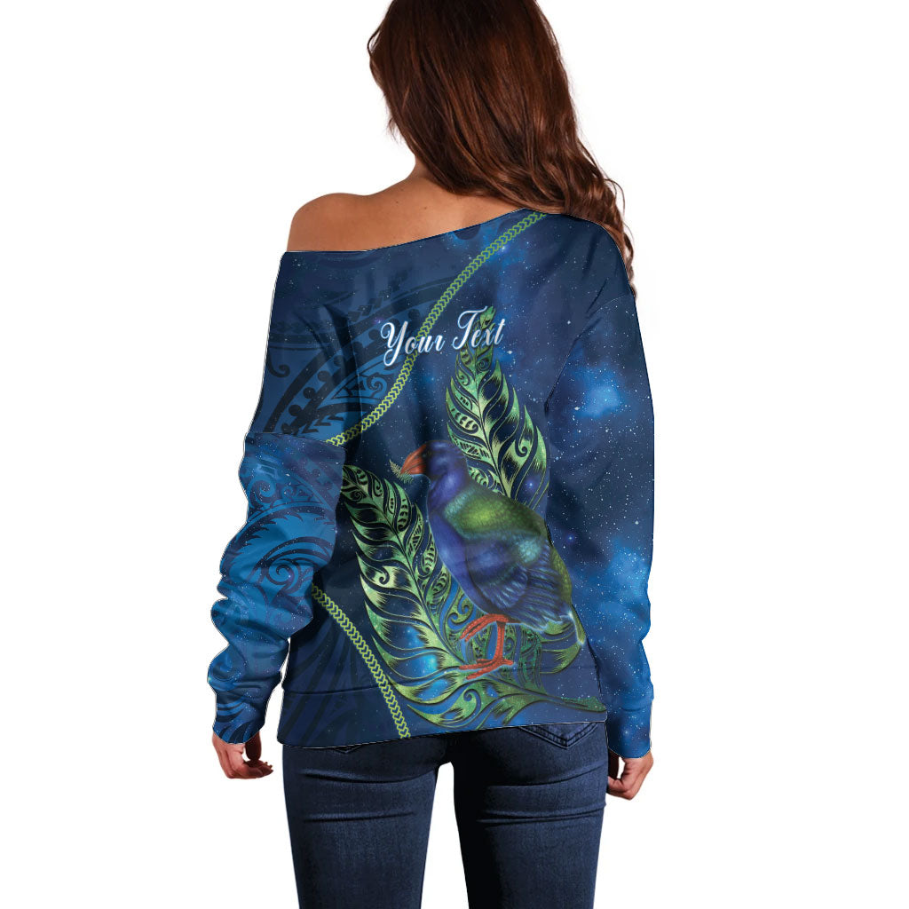 New Zealand Takahe Personalised Off Shoulder Sweater Silver Fern Galaxy Polynesian Pattern