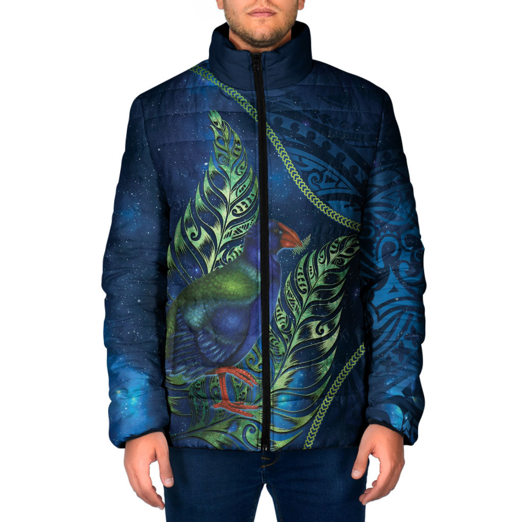 New Zealand Takahe Personalised Padded Jacket Silver Fern Galaxy Polynesian Pattern