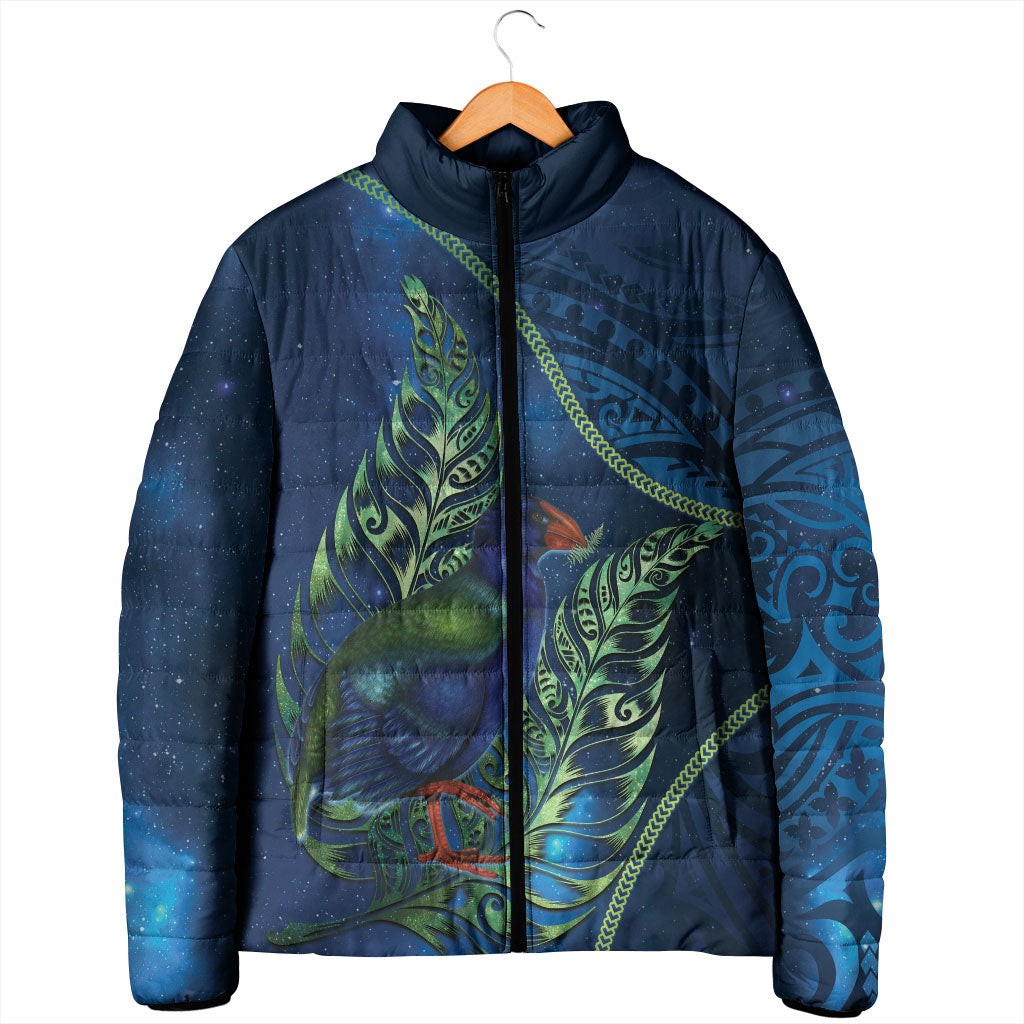 New Zealand Takahe Personalised Padded Jacket Silver Fern Galaxy Polynesian Pattern