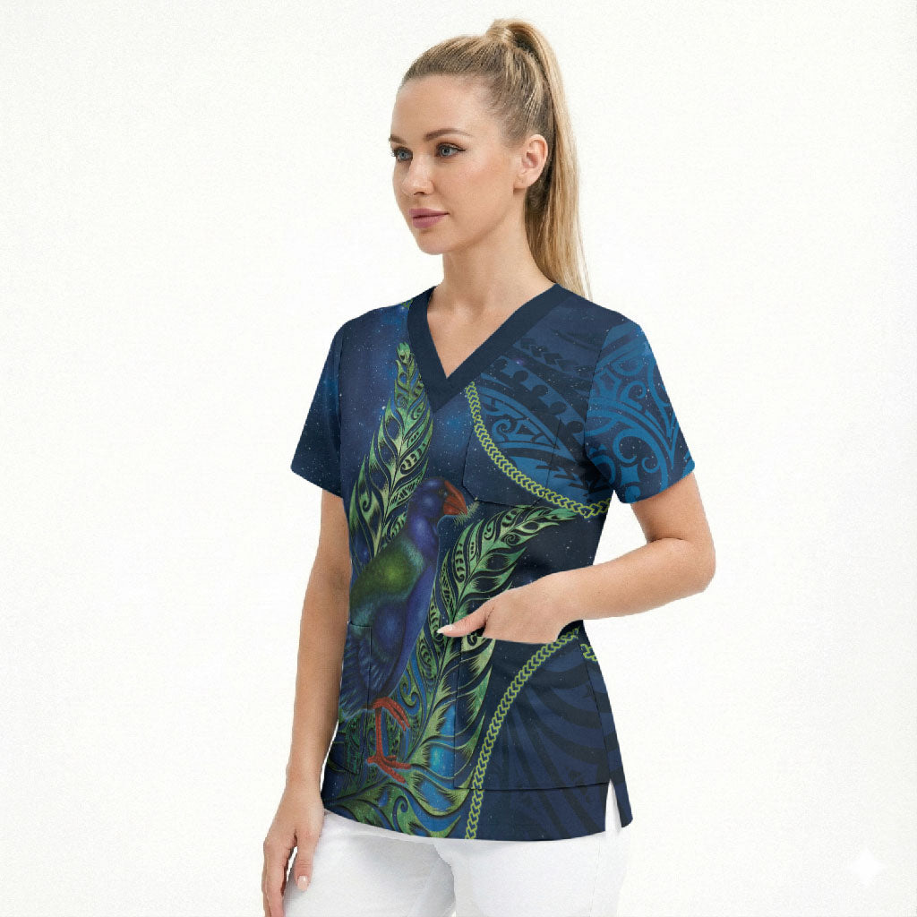 New Zealand Takahe Personalised Scrub Top Silver Fern Galaxy Polynesian Pattern