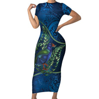 New Zealand Takahe Personalised Short Sleeve Bodycon Dress Silver Fern Galaxy Polynesian Pattern