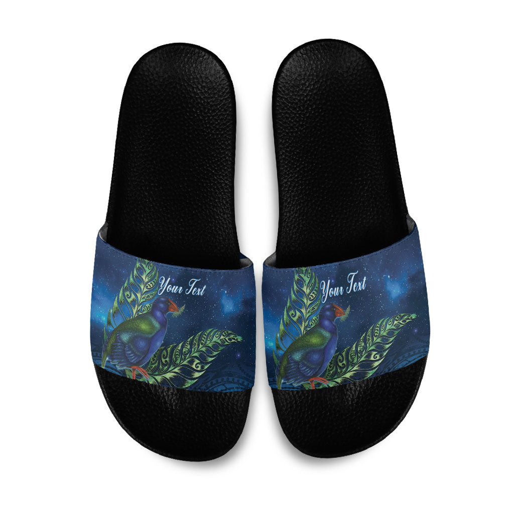 New Zealand Takahe Personalised Slide Sandals Silver Fern Galaxy Polynesian Pattern