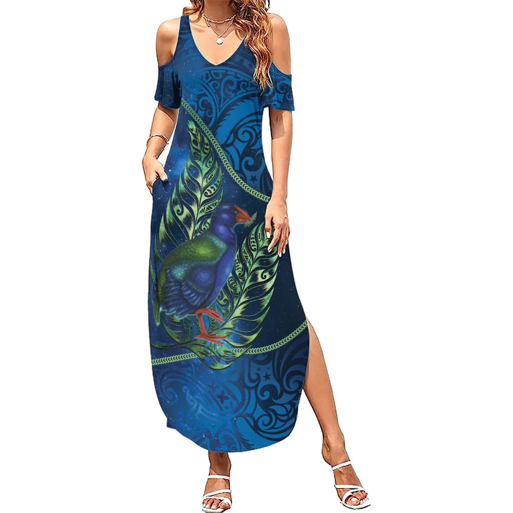 New Zealand Takahe Personalised Summer Maxi Dress Silver Fern Galaxy Polynesian Pattern