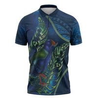 New Zealand Takahe Personalised Zipper Polo Shirt Silver Fern Galaxy Polynesian Pattern