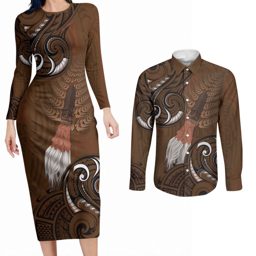 New Zealand Taiaha Couples Matching Long Sleeve Bodycon Dress and Long Sleeve Button Shirt Maori Weapon Silver Fern Maori Pattern LT22 Brown - Polynesian Pride