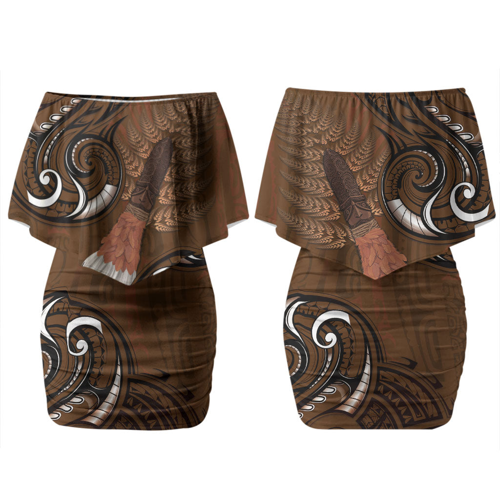 New Zealand Taiaha Couples Matching Off Shoulder Short Dress and Long Sleeve Button Shirt Maori Weapon Silver Fern Maori Pattern