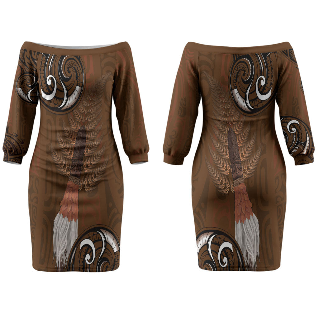 New Zealand Taiaha Couples Matching Off The Shoulder Long Sleeve Dress and Long Sleeve Button Shirt Maori Weapon Silver Fern Maori Pattern