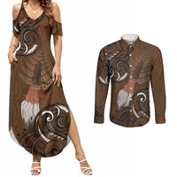New Zealand Taiaha Couples Matching Summer Maxi Dress and Long Sleeve Button Shirt Maori Weapon Silver Fern Maori Pattern