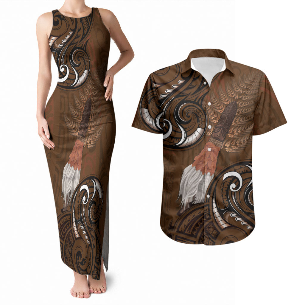 New Zealand Taiaha Couples Matching Tank Maxi Dress and Hawaiian Shirt Maori Weapon Silver Fern Maori Pattern LT22 Brown - Polynesian Pride