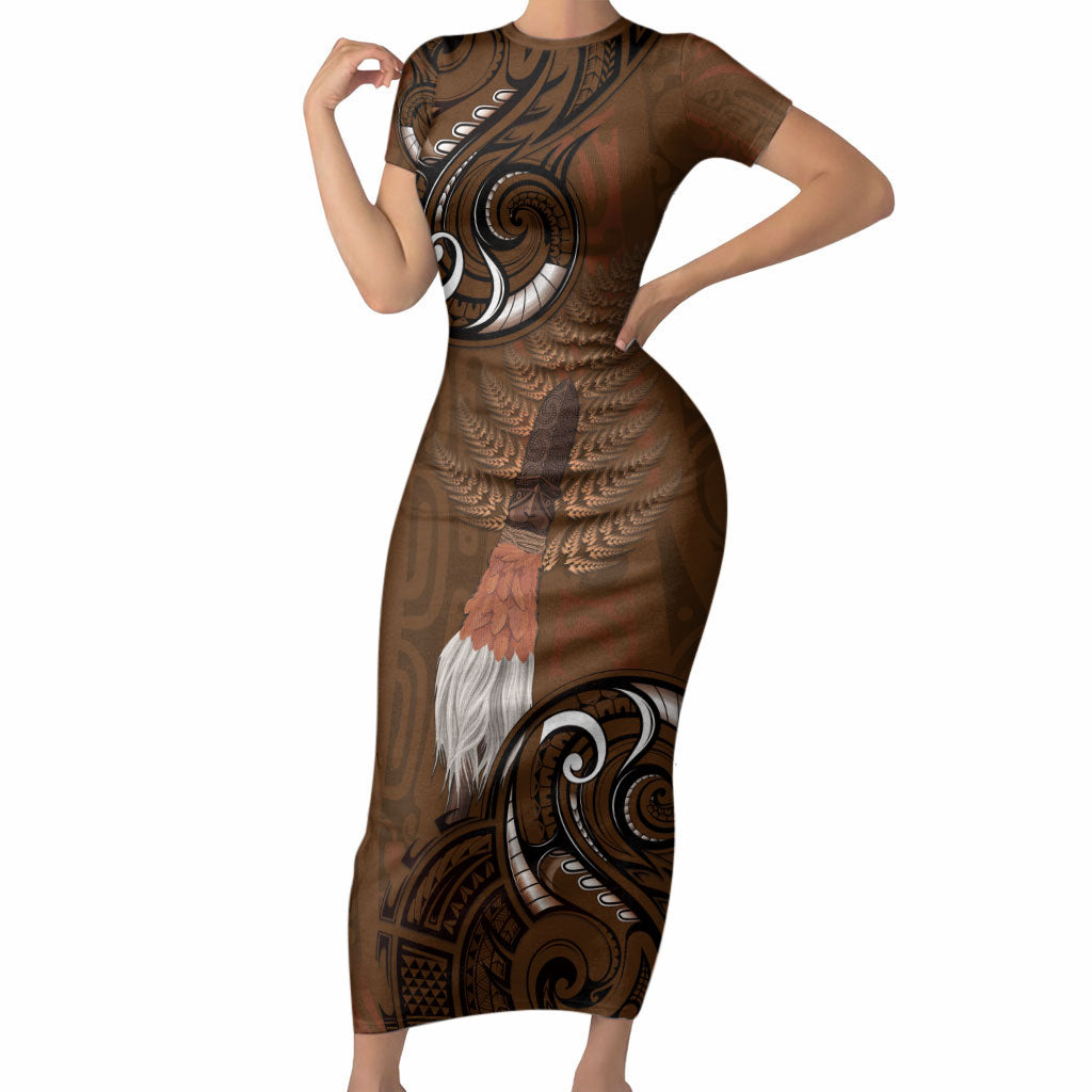 New Zealand Taiaha Short Sleeve Bodycon Dress Maori Weapon Silver Fern Maori Pattern LT22 Long Dress Brown - Polynesian Pride