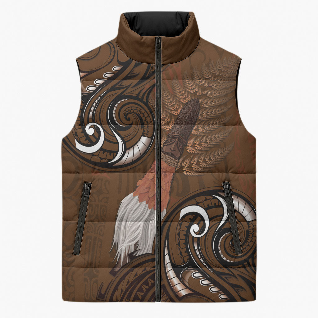 New Zealand Taiaha Sleeveless Puffer Jacket Maori Weapon Silver Fern Maori Pattern LT22 Unisex Brown - Polynesian Pride