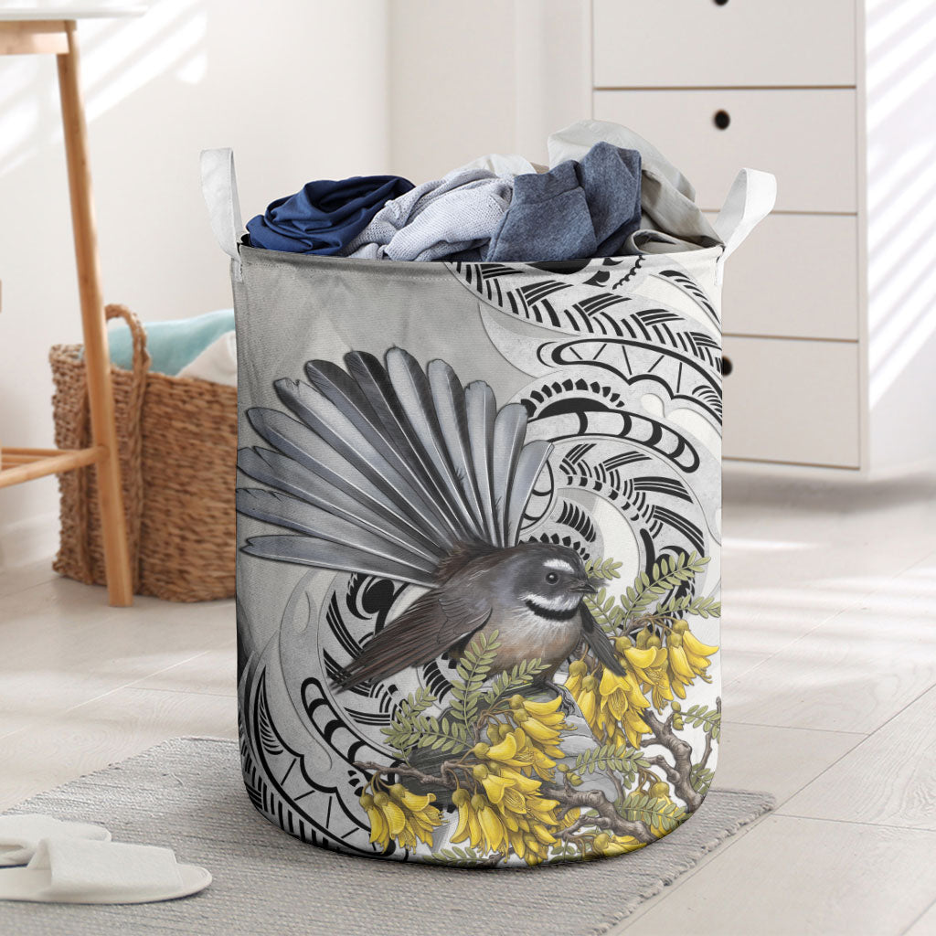 New Zealand Fantail Bird Laundry Basket Maori Piwakawaka Kowhai Maori Pattern LT22 Grey - Polynesian Pride