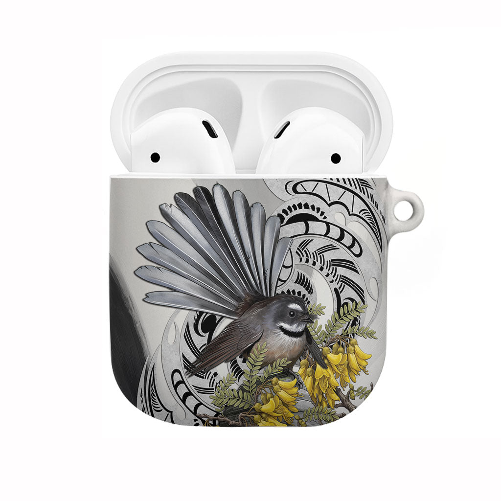 New Zealand Fantail Bird AirPods Case Maori Piwakawaka Kowhai Maori Pattern LT22 Grey - Polynesian Pride