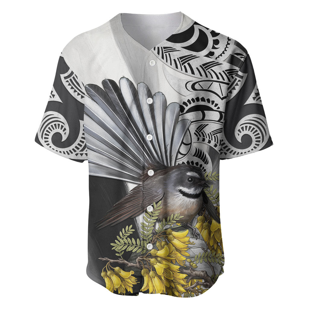 New Zealand Fantail Bird Baseball Jersey Maori Piwakawaka Kowhai Maori Pattern LT22 Grey - Polynesian Pride