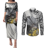 New Zealand Fantail Bird Couples Matching Puletasi and Long Sleeve Button Shirt Maori Piwakawaka Kowhai Maori Pattern
