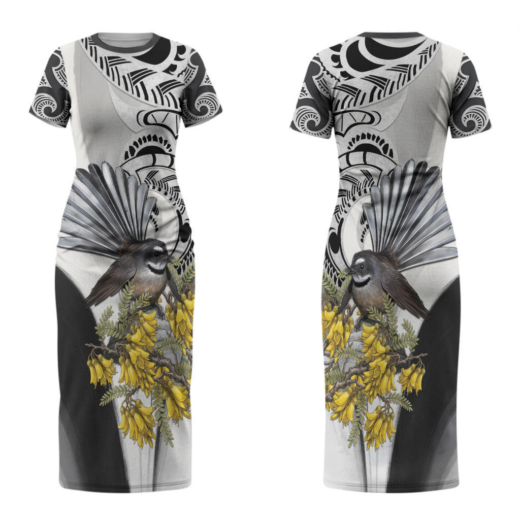 New Zealand Fantail Bird Couples Matching Short Sleeve Bodycon Dress and Hawaiian Shirt Maori Piwakawaka Kowhai Maori Pattern