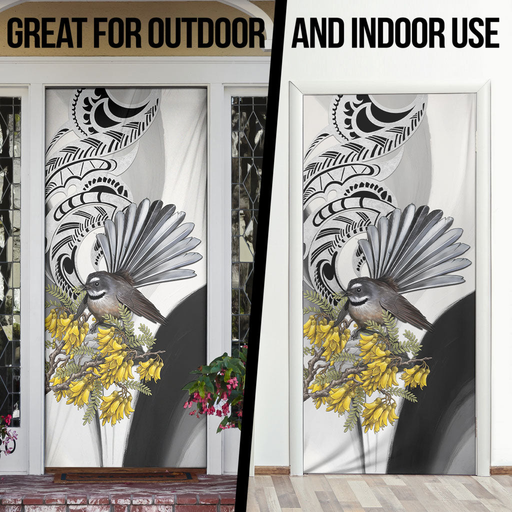 New Zealand Fantail Bird Door Cover Maori Piwakawaka Kowhai Maori Pattern