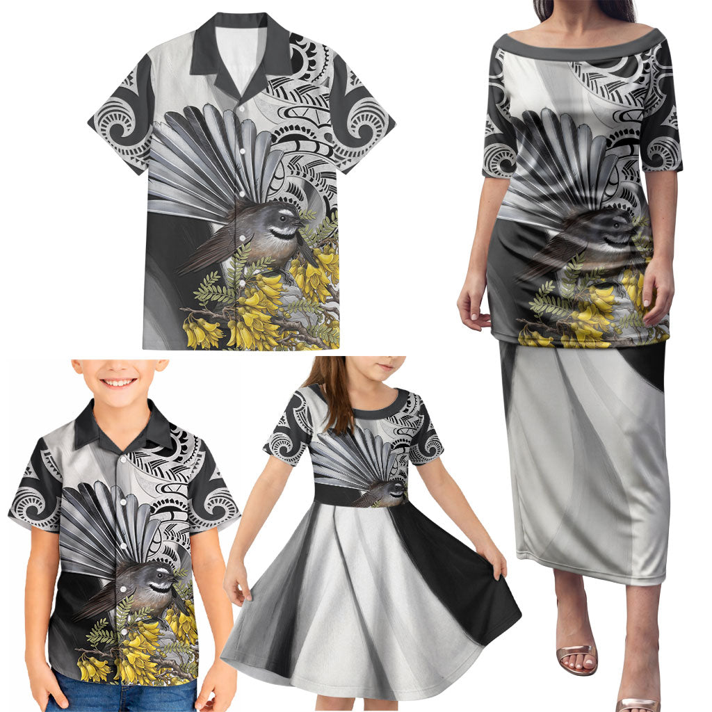 New Zealand Fantail Bird Family Matching Puletasi and Hawaiian Shirt Maori Piwakawaka Kowhai Maori Pattern